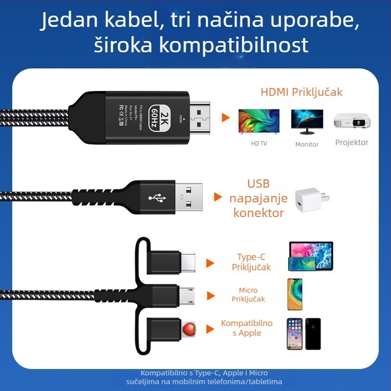 HDMI kabel za prikazivanje sa pametnog telefona — univerzalni USB-C/Android 8 adapter za Apple Type-C uređaje na TV, projektor ili monitor