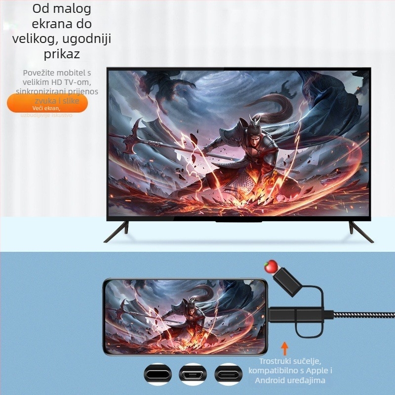 HDMI kabel za prikazivanje sa pametnog telefona — univerzalni USB-C/Android 8 adapter za Apple Type-C uređaje na TV, projektor ili monitor