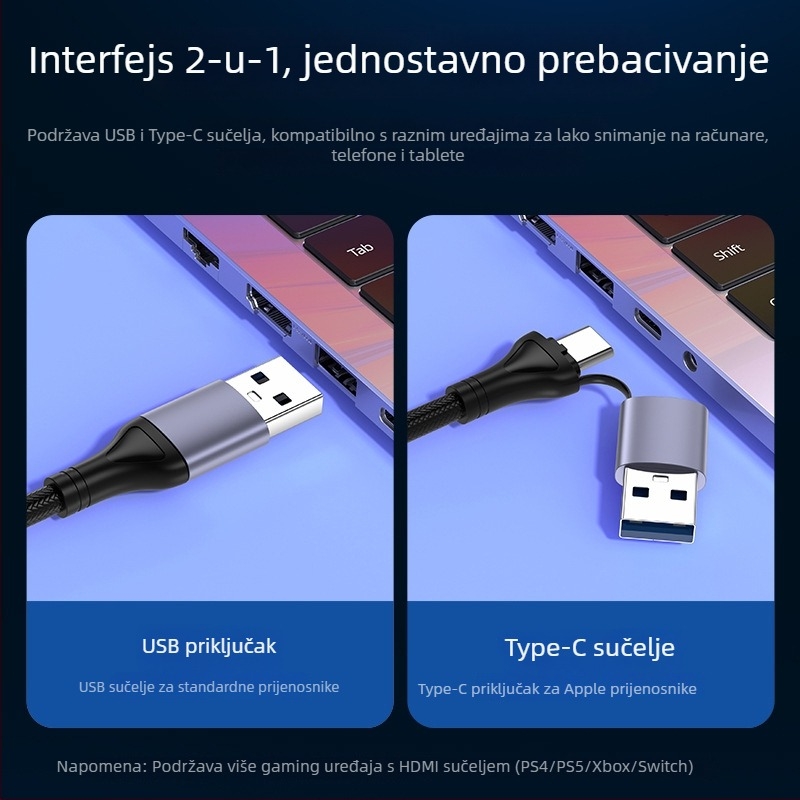Karta za video snimanje USB 3.0 / Type-C — 1080P, MS2130 čip, kompatibilna sa svim OS, za snimanje s mobitela i računala