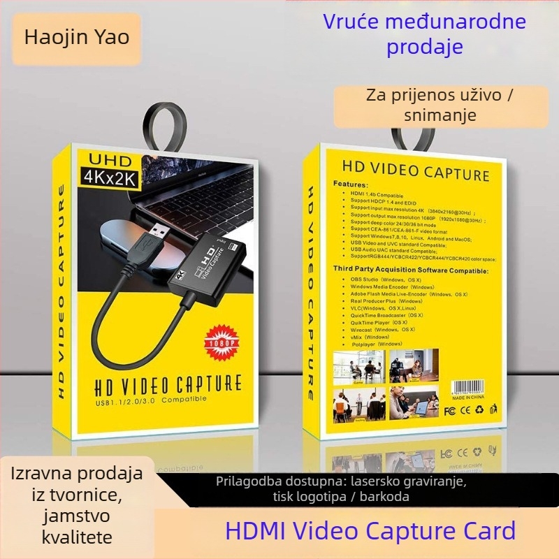 HDMI kartica za hvatanje 4K USB za livestreamanje — Model HJY-32, USB sučelje, 4K rezolucija, Kompatibilno sa svim OS-ima, Garancija 1 godina