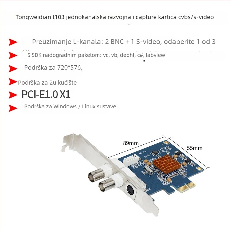 Karta za hvatanje videa T103 s CVBS/S-Video/BNC ulazima, PCIe sučelje, rezolucija 720×576, Windows/Linux