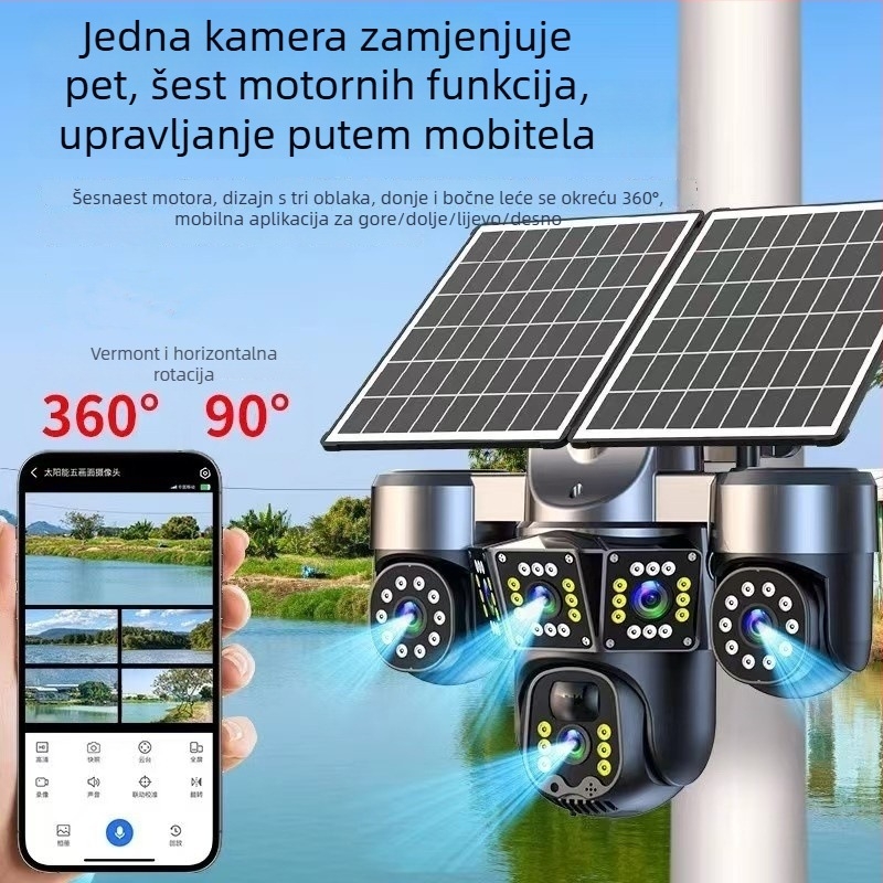 Solarna vanjska PTZ kamera s horizontalnim kutom 355°, vertikalnim kutom 90°, granica rotacije 355°, napajanje DC 5V, ugradnja na zid