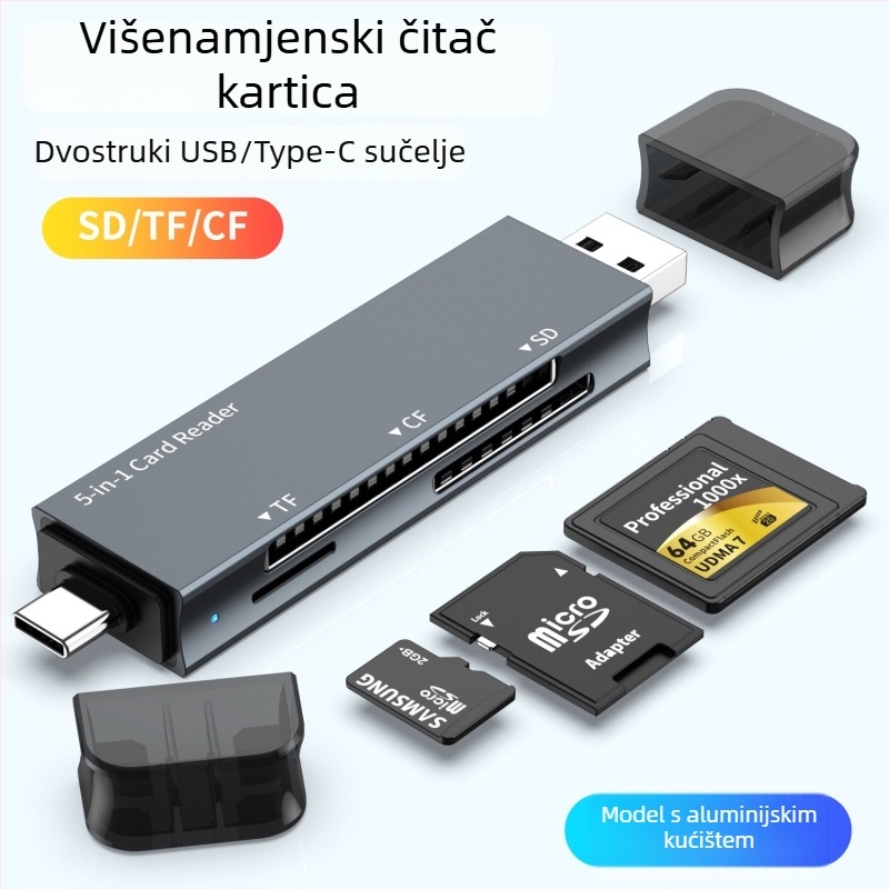 CF čitač kartica – dvostruka glava, 3-u-1 SD/TF za kameru i mobitel, USB 2.0, podržava CF/SD/SDHC/TF, aluminijska legura