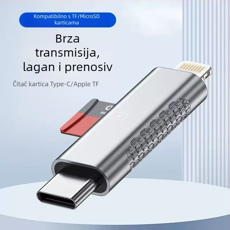 Apple-kompatibilan 3-u-1 mobilni čitač kartica s Type-C konverterom i TF čitačem, aluminijsko kućište, 5 g, vanjska montaža