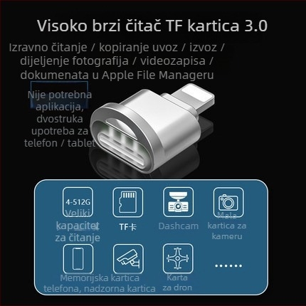 Apple Lightning TF čitač kartica za iPhone/iPad – tijelo od cinkovog legura, podržava TF kartice, OEM i ispis loga