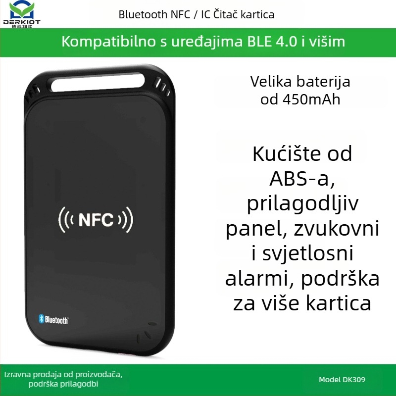DK309 Bluetooth NFC čitač kartica za bežične bezkontaktne kartice visoke frekvencije; domet čitanja 0–6; radna frekvencija 13560; vrijeme čitanja kartice 0,2 s