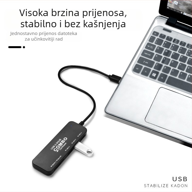 USB 2.0 hub s čitačem SD kartice i docking stanicom (plastični, 150 g)
