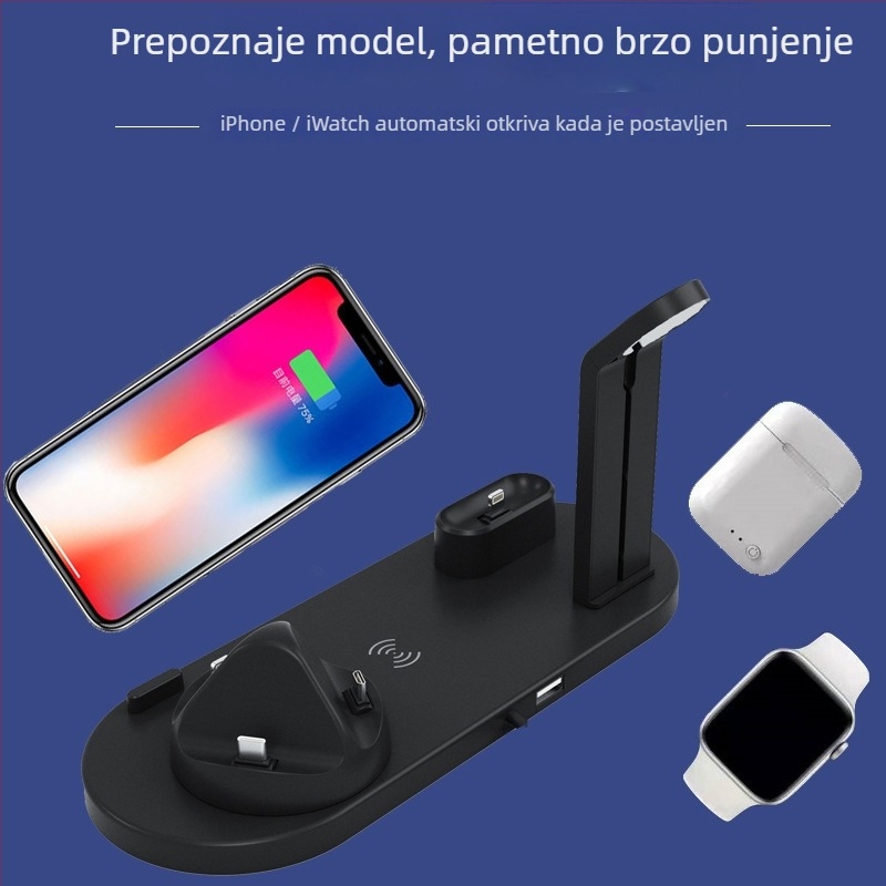 Stalak za satove i punjač za slušalice sa bežičnim punjenjem, 3-u-1 baza, rotira pod bilo koji kut, USB 1.1, podrška MicroSD/MicroSDHC, ugrađena instalacija, težina 0,56 kg