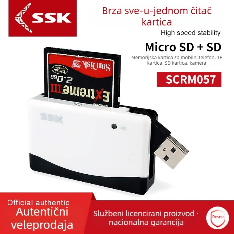 All-in-One USB 2.0 čitač kartica SCRM057 – podržava MicroSD/SD/CF, vanjska instalacija, kompatibilan s Windows/macOS