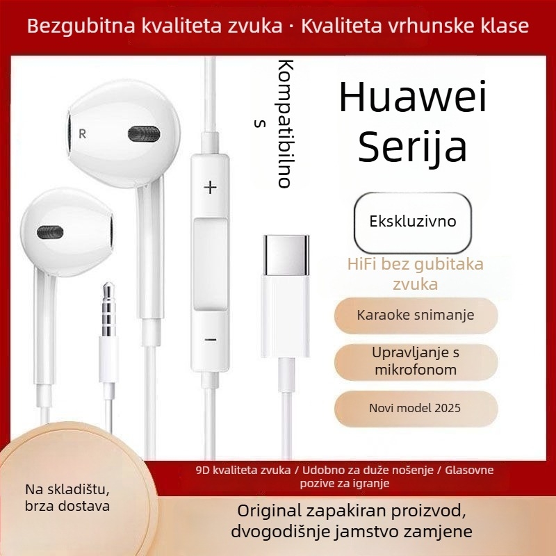 Huawei žične in-ear slušalice s Type-C/3,5 mm digitalnim sučeljem, za igre i karaoke, minimalistički dizajn, podržava prilagodbu
