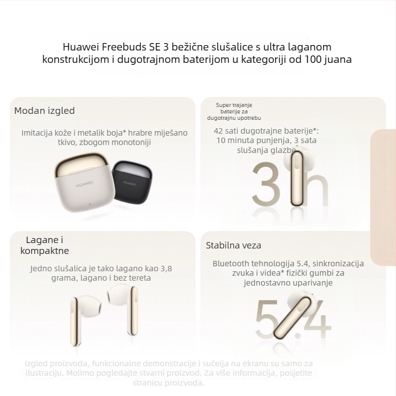 Huawei FreeBuds SE 3 Bežične Bluetooth slušalice, Stereo zvuk, 8+ sati baterije, multi-point povezivanje, Bluetooth 5.0, semi-in-ear