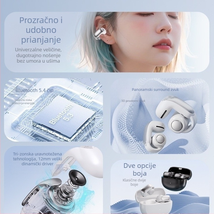 Bluetooth slušalice s ušnim klipom i Spatial Audio, CVC dvostruki mikrofon za razgovore, Bluetooth 5.3, IPX4, trajanje baterije 4–8 sati