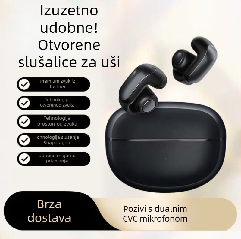 Bluetooth slušalice s ušnim klipom i Spatial Audio, CVC dvostruki mikrofon za razgovore, Bluetooth 5.3, IPX4, trajanje baterije 4–8 sati