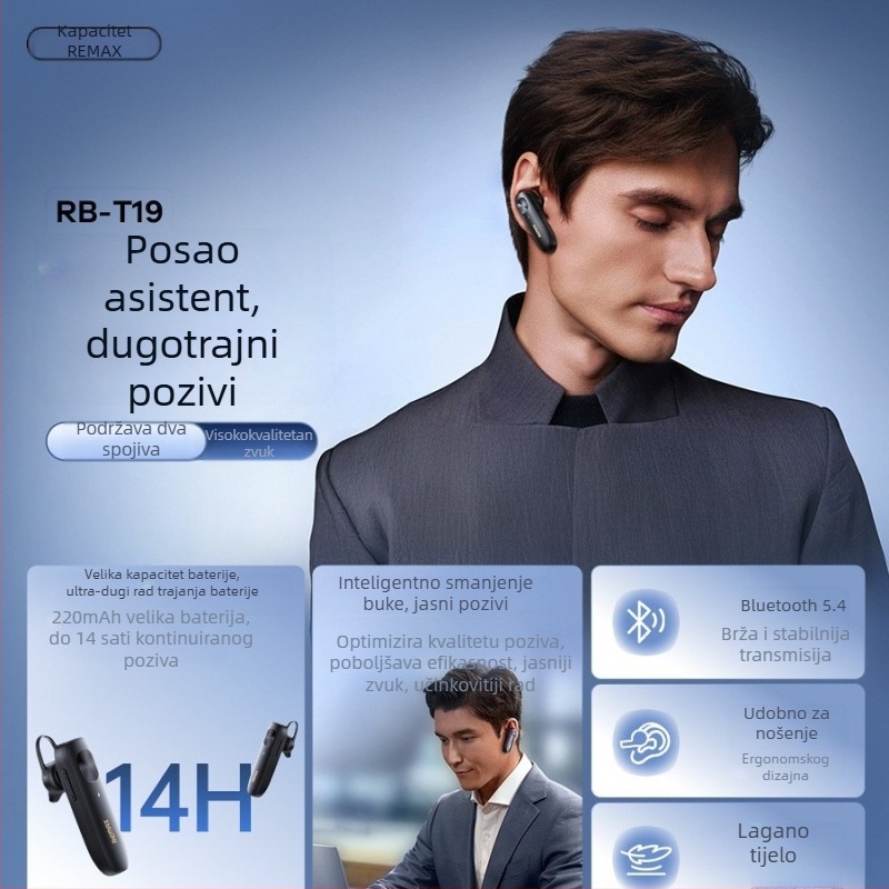 Remax Bluetooth slušalice s kukom za uho, laganog tijela, Bluetooth 5.0, doseg 10 m, stereo zvuk, trajanje baterije do 4 sata
