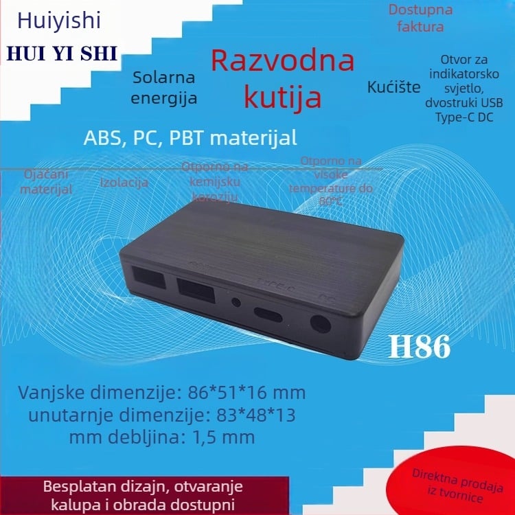 Sklopiva solarna banka s dvostrukim USB i DC-om, Ty-C konektor kutija, plastično kućište, 86×51 mm, za vanjsku upotrebu