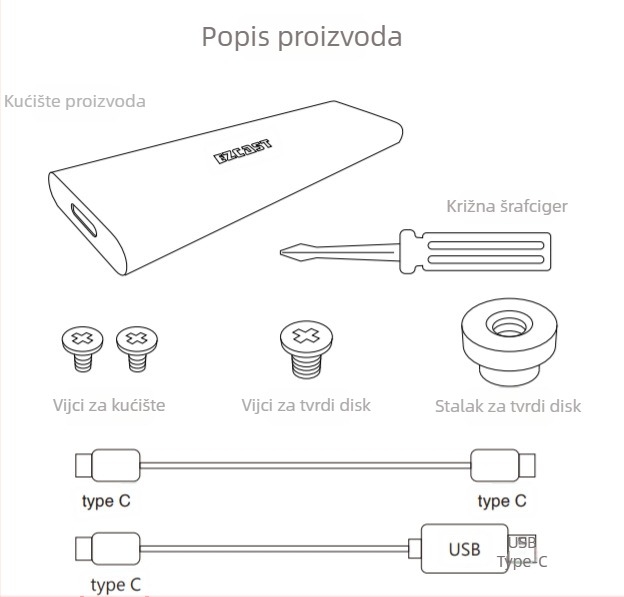 Kućište za M.2 NVMe SSD USB 3.1 Gen2 Type-C PCIe, do 2 TB, 9 Gbps, aluminijska legura