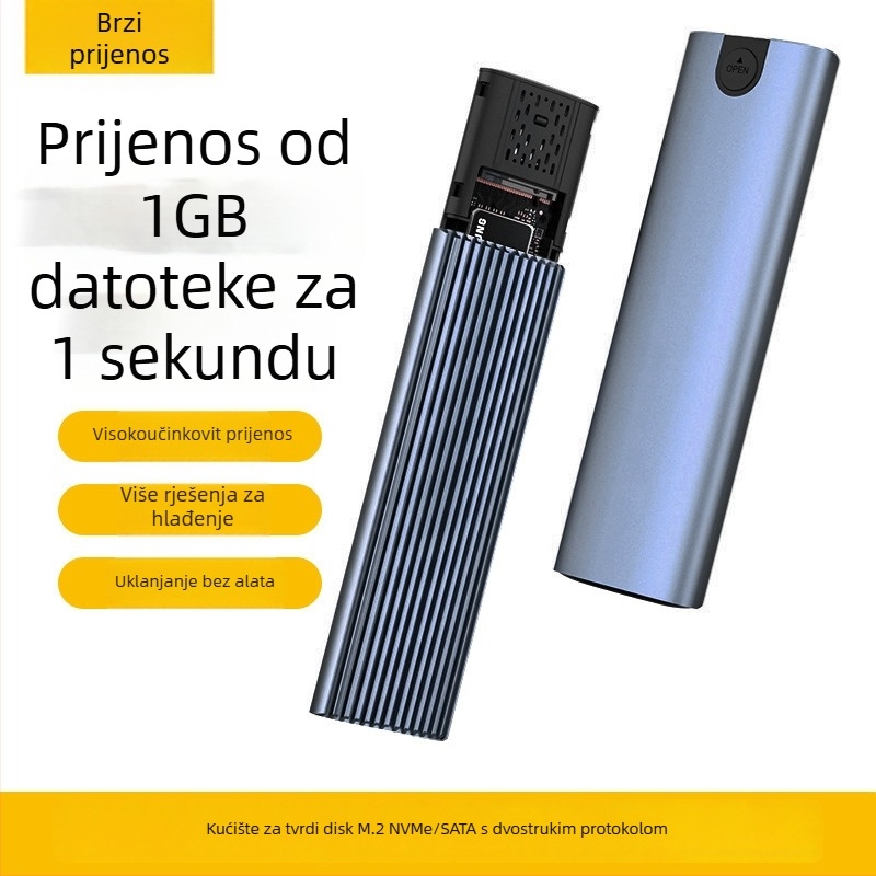 Vanjsko kućište za M.2 SSD s dvostrukim protokolom, USB 3.1 Type-C, aluminijska legura za disipaciju topline, 2 TB