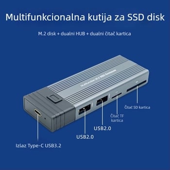 M.2 SSD spremnik s USB-C 3.2 hubom, PCIe docking, aluminijski kućište, podrška za dva diskova