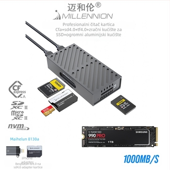 Maihelun 8130A 3-u-1 vanjska kućišta za tvrdi disk s CF/SD čitačem, USB 3.2 10Gbps, aluminijsko kućište, zračno hlađenje, podrška 4TB