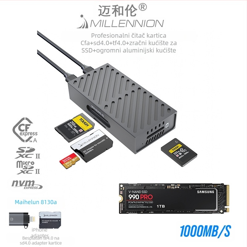 Maihelun 8130A 3-u-1 vanjska kućišta za tvrdi disk s CF/SD čitačem, USB 3.2 10Gbps, aluminijsko kućište, zračno hlađenje, podrška 4TB