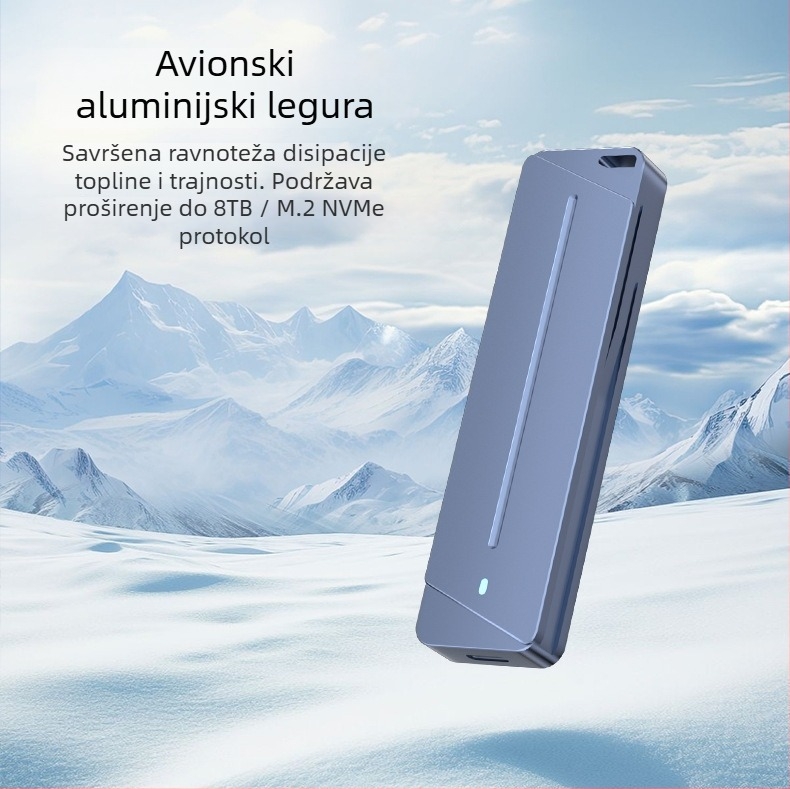 Vanjski SSD kućište s dvostrukim protokolom G/NVMe/NGFF • aluminijska legura • podržava do 8 TB • brzina prijenosa 10 Gbps • model Dem041