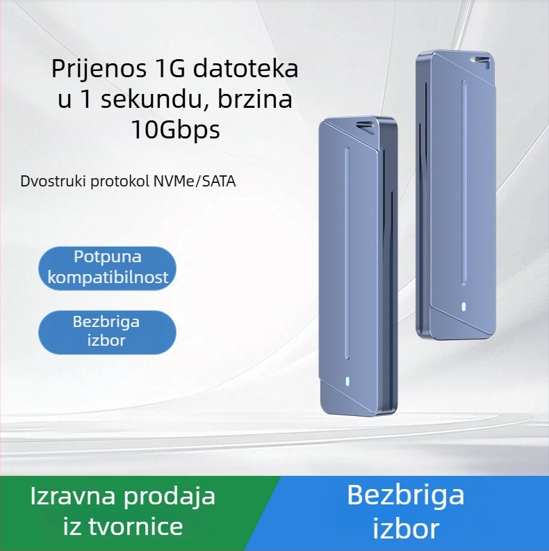 Vanjski SSD kućište s dvostrukim protokolom G/NVMe/NGFF • aluminijska legura • podržava do 8 TB • brzina prijenosa 10 Gbps • model Dem041