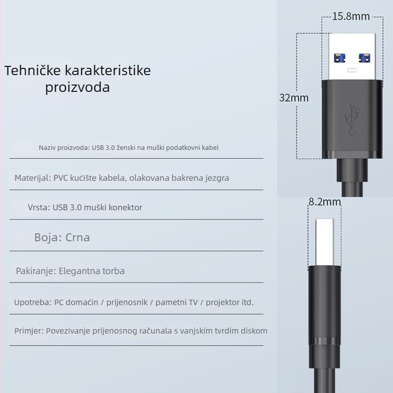Yfd USB 3.0 A–A podatkovni kabel, muški–muški, duljine 0,6 m / 1,7 m / 3,5 m, bakar s tinom vodiči, injekcijski konektori