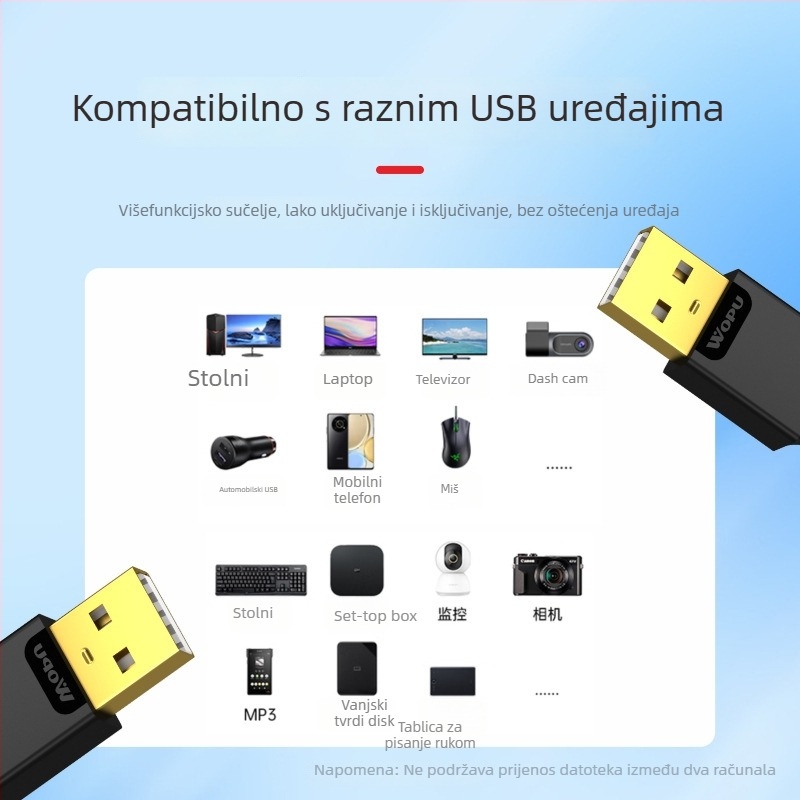 Voopu USB 2.0 M–M kabel za podatke za računala, vanjske HDD i hladnjak za laptop – dužina 1,5 m, USB A–A, metalna opletena mreža + aluminijska folija, zlatni kontakti