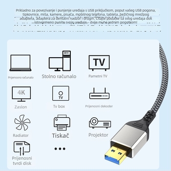 USB 3.0 muški–muški kabel, dvostruka glava, duljina 1 m, bakreni vodič, zlatni konektori, aluminijska legura s tiskanom mrežom