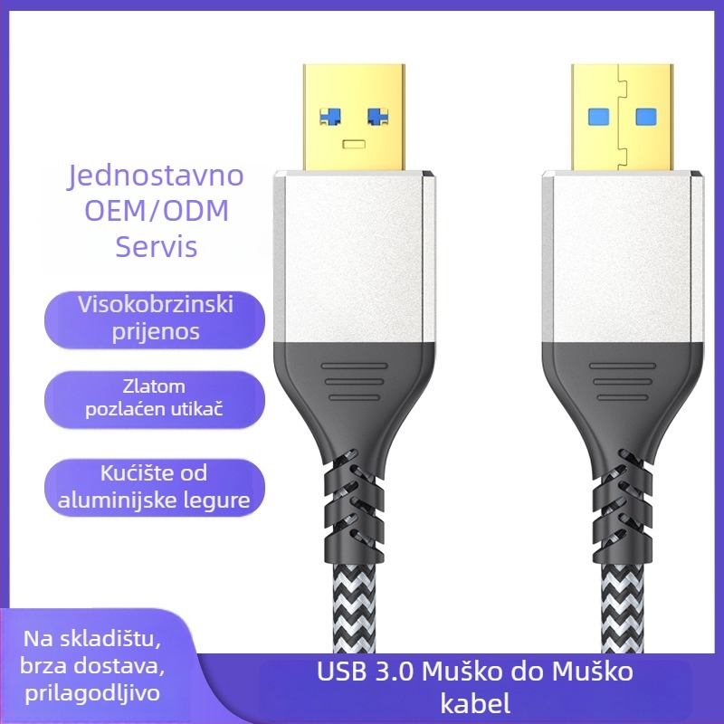 USB 3.0 muški–muški kabel, dvostruka glava, duljina 1 m, bakreni vodič, zlatni konektori, aluminijska legura s tiskanom mrežom