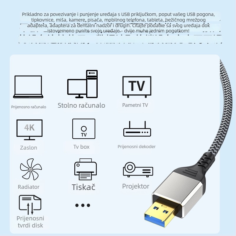 USB 3.0 muški–muški kabel, dvostruka glava, duljina 1 m, bakreni vodič, zlatni konektori, aluminijska legura s tiskanom mrežom