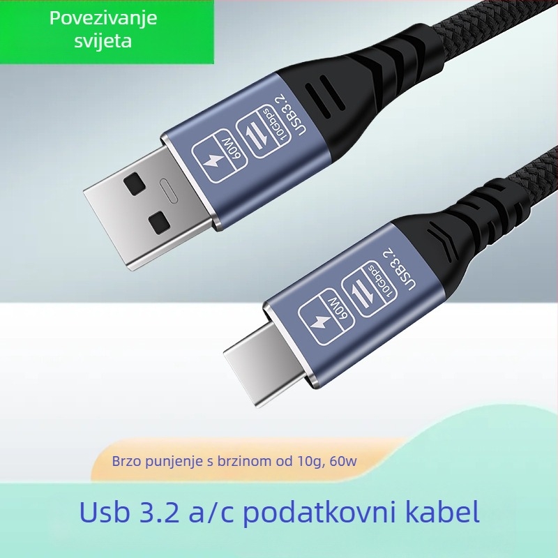 USB-C kabel za podatke i brzo punjenje 60W, 10G brz podatkov prijenos, maksimalno 20V/3A, čisti bakar, kućište od aluminijske legure
