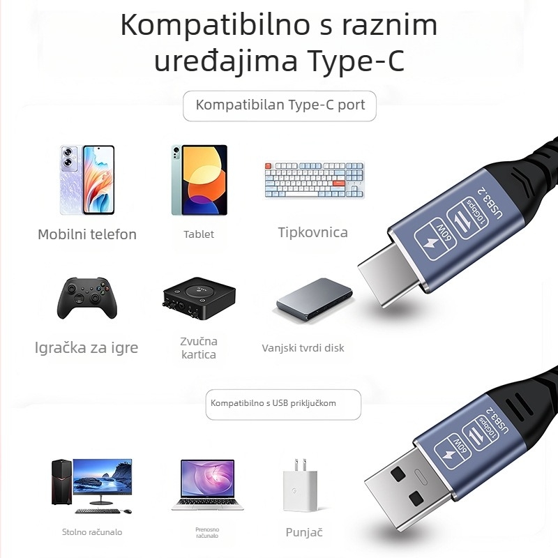 USB-C kabel za podatke i brzo punjenje 60W, 10G brz podatkov prijenos, maksimalno 20V/3A, čisti bakar, kućište od aluminijske legure