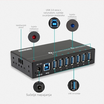 Sipolar A-173 USB 3.0 hub s 7 portovima, vanjsko napajanje, za prijenosno računalo, tipkovnicu, miš i pisač