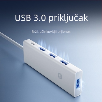 USB 3.0 4-portni splitter/adaptor za prijenos podataka (USB-A/Type-C kabel oko 7,6 cm, bez vanjskog napajanja, USB 3.0 sučelje, teorijski do 5 Gbps, do 450 MB/s)