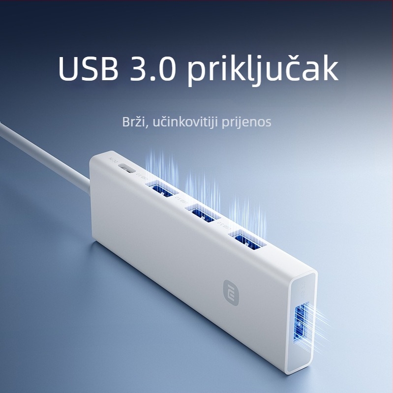 USB 3.0 4-portni splitter/adaptor za prijenos podataka (USB-A/Type-C kabel oko 7,6 cm, bez vanjskog napajanja, USB 3.0 sučelje, teorijski do 5 Gbps, do 450 MB/s)
