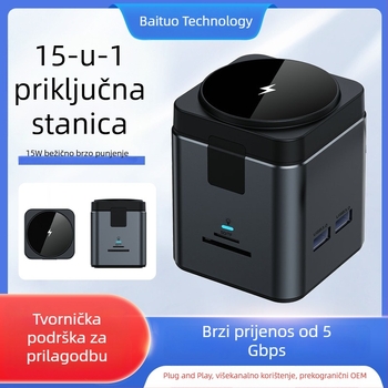 Type-C docking stanica s USB 15W magnetskim bežičnim punjačem, HUB za telefon i računalo