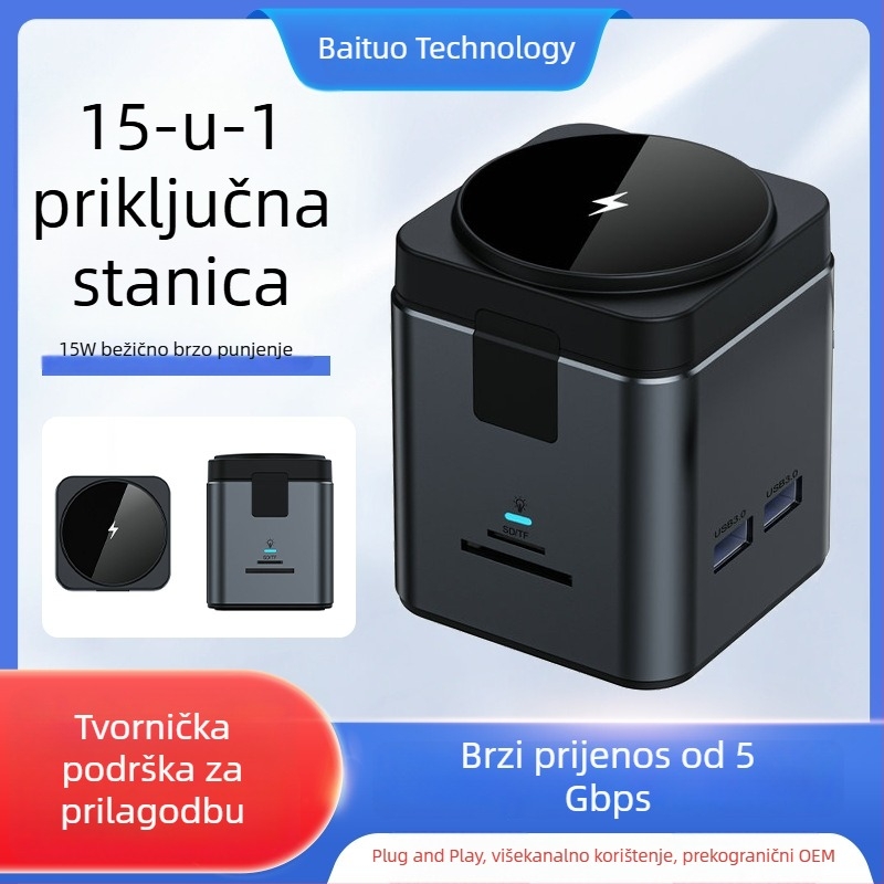 Type-C docking stanica s USB 15W magnetskim bežičnim punjačem, HUB za telefon i računalo