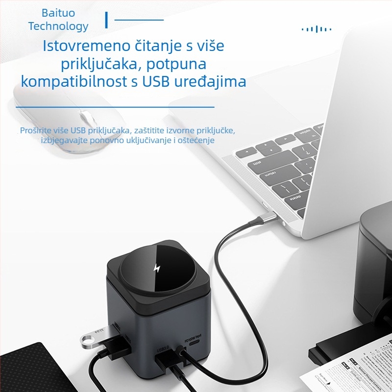 Type-C docking stanica s USB 15W magnetskim bežičnim punjačem, HUB za telefon i računalo