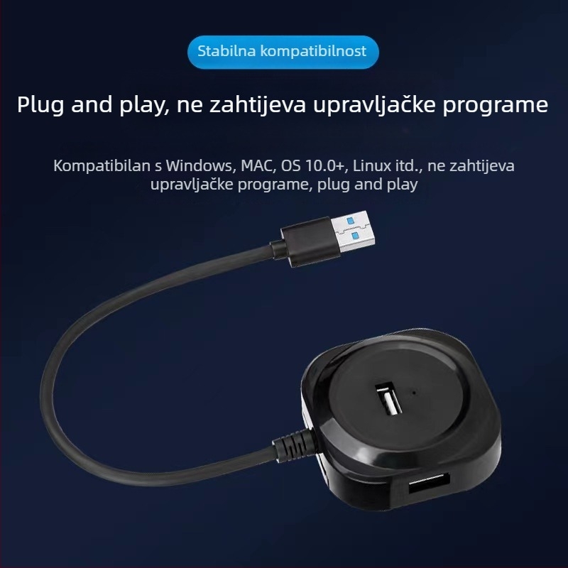 Zhongxin USB 3.0 4-portni hub s Type-C proširenim dockom, 5 Gbps, kabel 30 cm, napajanje preko USB