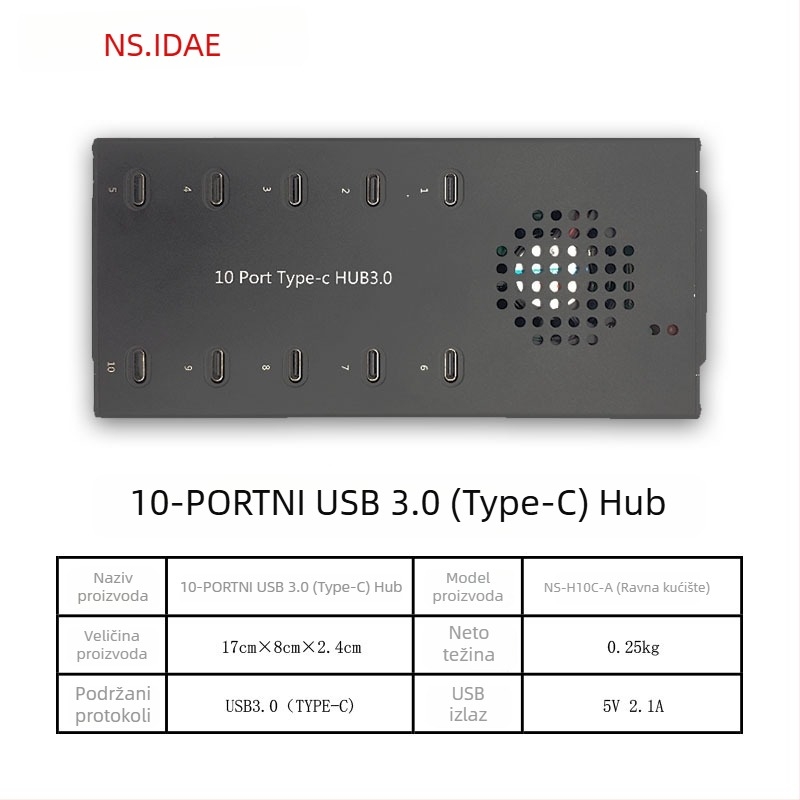 10-portni USB 3.0 hub s Type-C, napajanje, 5 Gbps, kabel 1,5 m