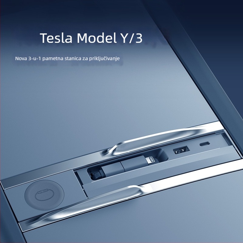 Tesla Model 3/Y docking stanica bežično punjenje (T12), USB 3.0, kabel 80 cm, vanjsko napajanje, 4-portni