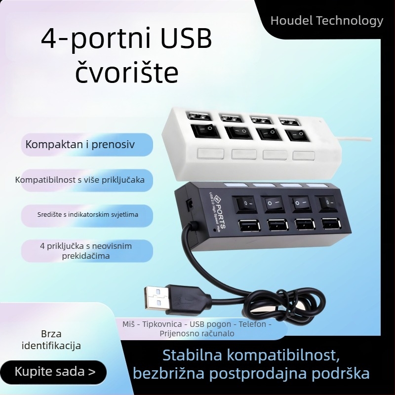 4-portni USB 2.0 hub s neovisnim prekidačem i LED indikatorom
