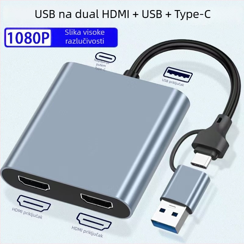 USB-C docking stanica s dvostrukim HDMI izlazima, 4-in-1, USB 3.1, 5 Gbps, 10 cm kabel, napajanje preko USB