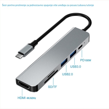 Type-C 6-u-1 docking hub s 4K HDMI, USB 5 Gbps, kabel 0,15 m, napajanje preko USB