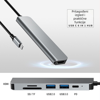 Type-C 6-u-1 docking hub s 4K HDMI, USB 5 Gbps, kabel 0,15 m, napajanje preko USB
