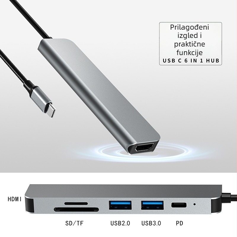 Type-C 6-u-1 docking hub s 4K HDMI, USB 5 Gbps, kabel 0,15 m, napajanje preko USB