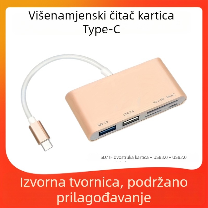 USB 3.0 docking stanica s čitačem SD/TF kartica, Type-C, 5-u-1, model T-693, prijenos 5 Gbps, s vanjskim napajanjem