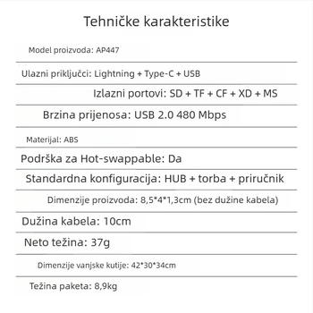 USB-C OTG čitač kartica za SD/TF/CF/XD/MS – USB 2.0, napajanje preko USB-a, kompatibilan s Apple i Android uređajima