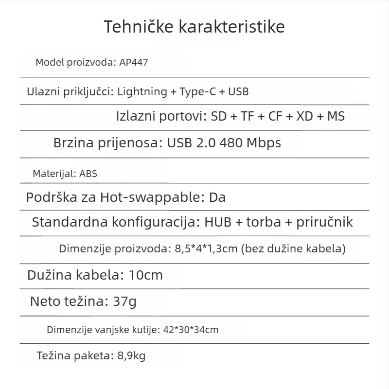 USB-C OTG čitač kartica za SD/TF/CF/XD/MS – USB 2.0, napajanje preko USB-a, kompatibilan s Apple i Android uređajima